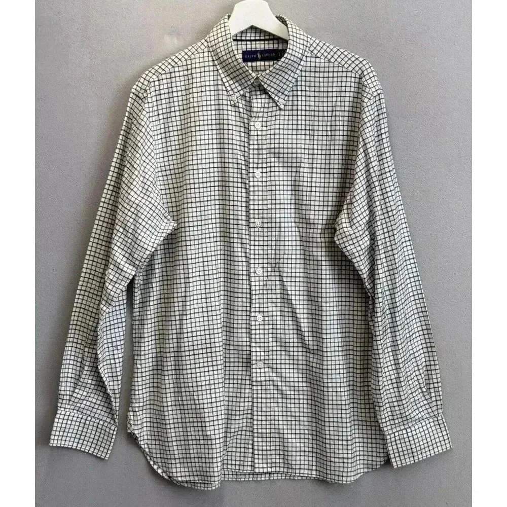 Polo Ralph Lauren Men's Sz‎ L Blue/Gold Label Checker Button Down L/S Shirt EUC